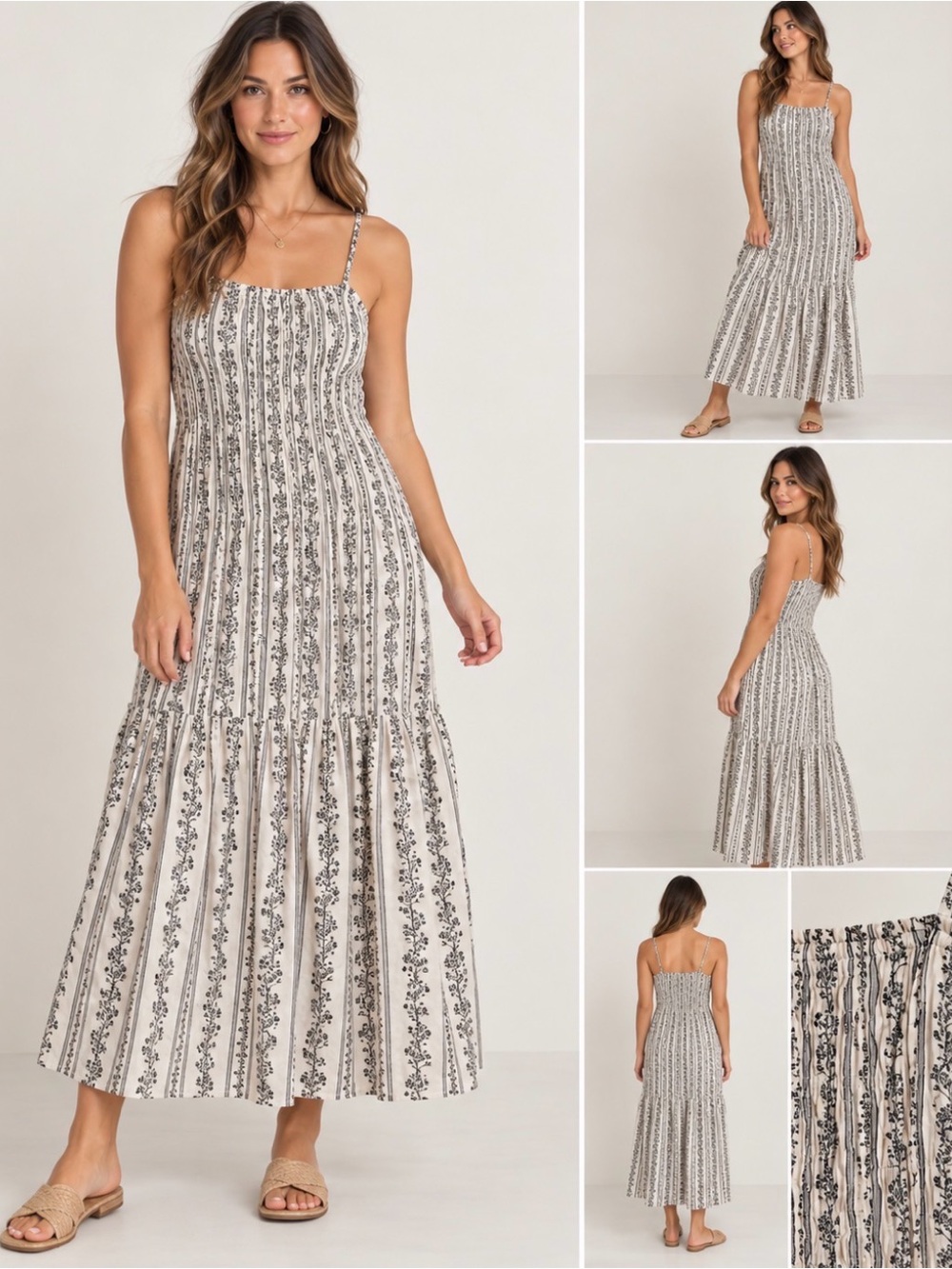 Sim & Sam Floral Stripe Maxi Dress Boho Smocked Midi Maxi Size M